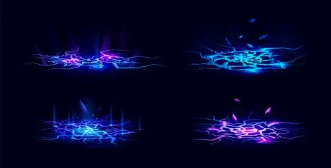 Ground crack. Light floor. Break wall lightning effect or crash hole. Neon glow Illustrazione stock
