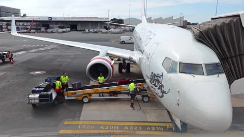 Ground crew loading luggage items onto a Virgin Australia plane Stock Footage 330921498