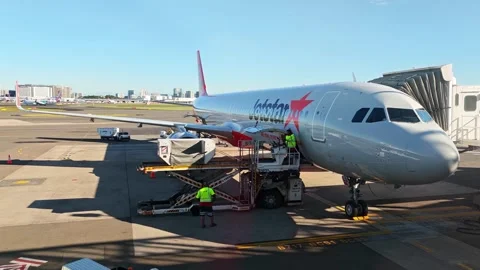 Ground crew operating a mobile platform with a cargo container Stock Footage 342077480