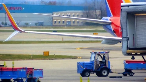 Ground Crew pull a ladder and loading equipment up to a Passenger jet Stock Footage 99261542