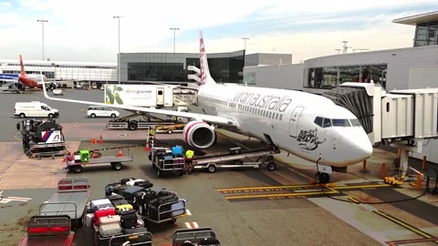 Ground crew unloading luggage items from cargo haul 스톡 동영상 331687478