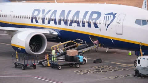 Ground crew worker loads passenger luggage and cargo onto a Ryanair aircraft Stock Footage 346648567