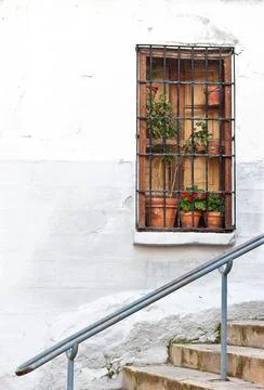 Ground floor window at ground level next to stairs with pots of red geranium  Foto stock