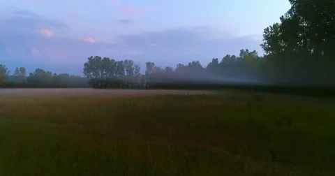 Ground fog looms over rural landscape in morning twilight Stock Footage