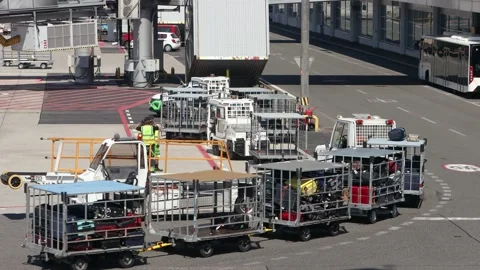 Ground handling staff and baggage carts loaded with luggage Stock Footage 340331808