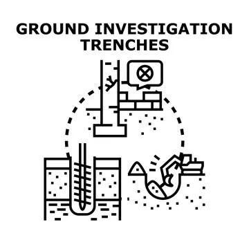 Ground investigation trenches analyzing soil foundation problems Stock Illustration
