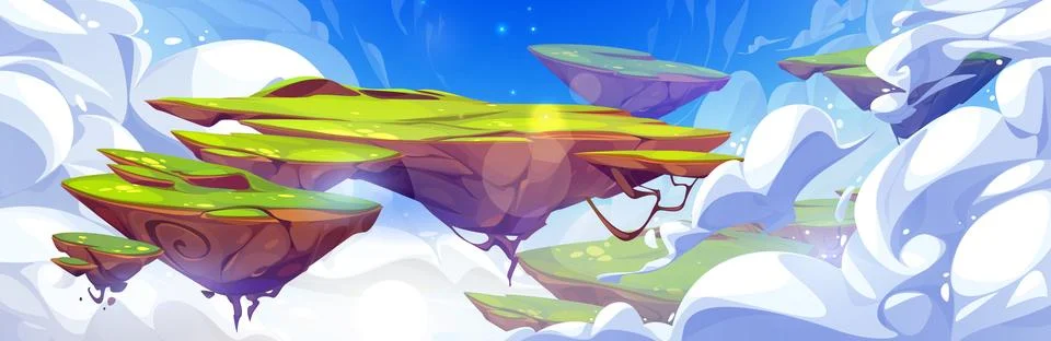 Ground islands with grass float in sky with clouds イラスト素材