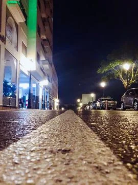 From ground level a bird eye view of the asphalt road lines Foto stock