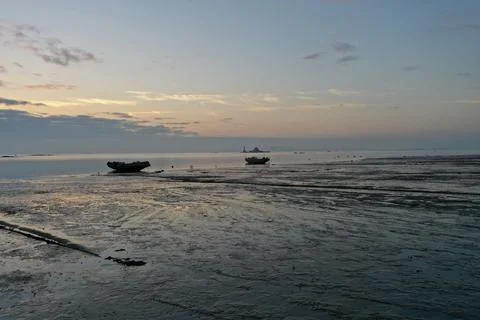 Ground-Level Mudflat at Xiamen Coast Before Sunrise Stock Photos