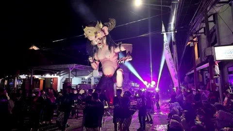 Ground Level Night Parade Featuring Giant Mythical Effigy Sukowilangun Merdeka Stock Footage 345149078