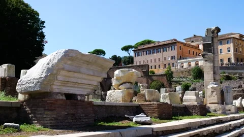 Ground level roman forum broken marble fragments column remnants brick bases Stock Footage 324894185