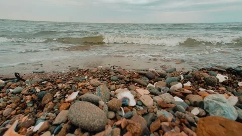 Ground Level Shot On Beach Covered In Rocks And Shells Waves Crashing Onto Shore Video stock 255322076