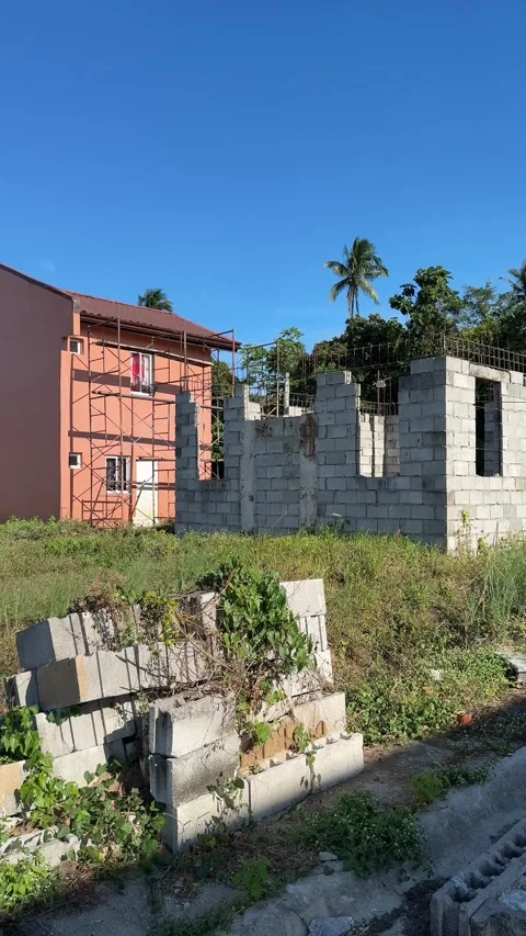 Ground level side alignment of abandoned houses with wild grass overtaking the Stock Footage 332928051