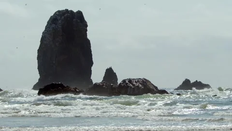Ground level slow motion shot of waves crashing against Haystack Rock. Stock Footage 312821148