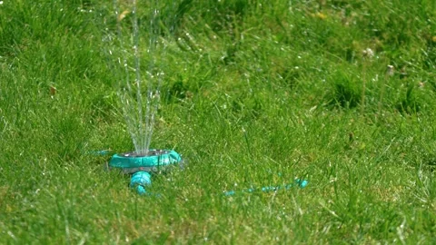 Ground level smart sprinkler spraying multiple streams over lush grass field Stock Footage 334041180