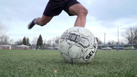 Ground level soccer player kicking Video stock 85606329