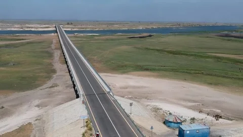 From ground level to very high view of Modern road and bridge over Zambezi Stock Footage 149076919