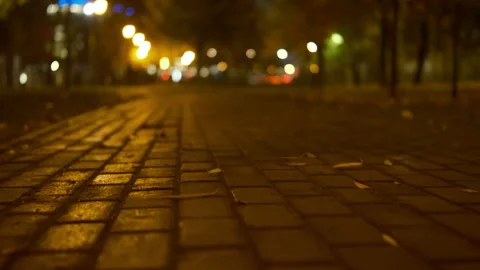 Ground level view of a brick walkway at night. Видео 336708977