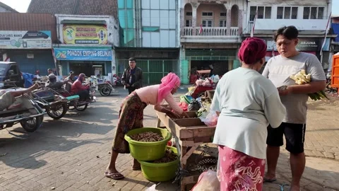 Ground Level View Of Busy Pasar Pabean Market Stock Footage 345144187