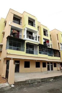 A ground level view of a completed apartment Stock Photos