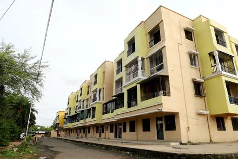 A ground level view of a completed apartment Stock Photos