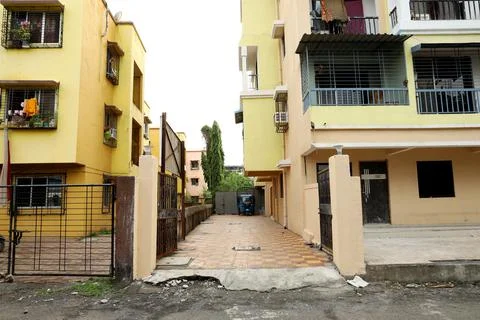 A ground level view of a completed apartment Stock Photos
