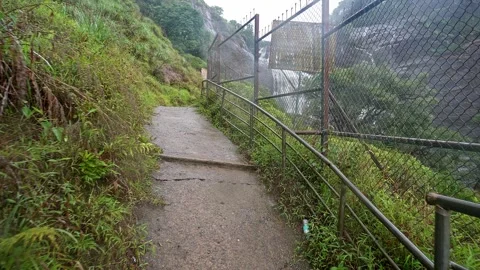 Ground-level view of a concrete walkway winding through lush forests toward.. Video stock 332355616