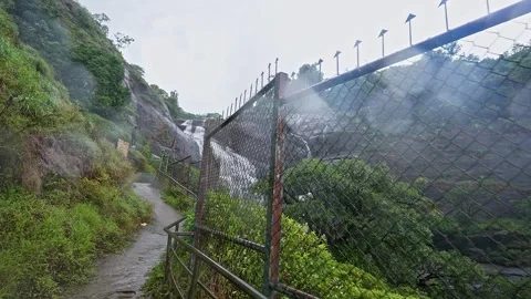 Ground-level view of a concrete walkway winding through lush forests toward.. Stockbeeldmateriaal 332355712