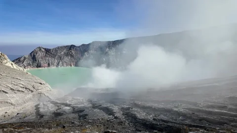 Ground Level View Of Ijen Crater Lake Fumaroles Stock Footage 345136878