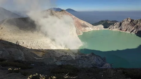 Ground Level View of Ijen Volcano Crater Lake at Dawn Stock Footage 345136851