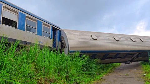 Ground level view of a major passenger train derailment. Stock-Footage 335496904