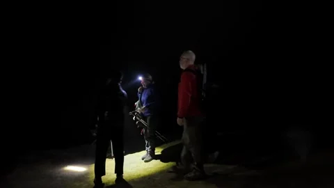 Ground Level View Of Midnight Hikers On Ijen Volcano Stock Footage 345144689