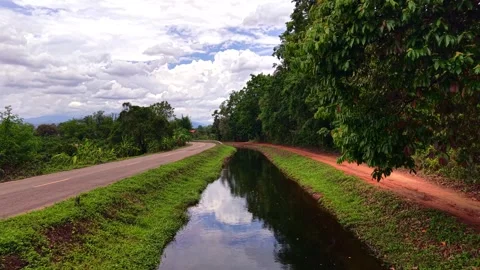 Ground level view of mirror reflection in irrigation canal after rain 스톡 동영상 334605409