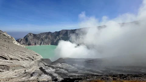 Ground level view over Mount Ijen acidic crater lake Stock Footage 345136889