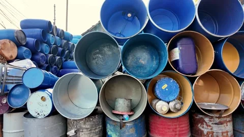 Ground Level View Of Stacked Blue Drums In Surabaya Old Town Stock Footage 345199365