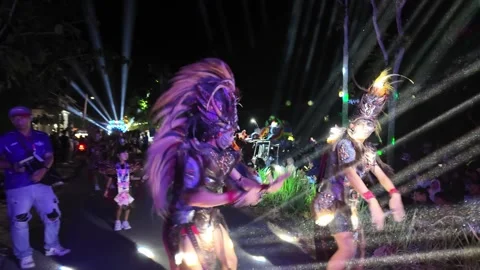 Ground Level View Sukowilangun Carnival Dancers With Feathered Headdresses Stock Footage 345148616