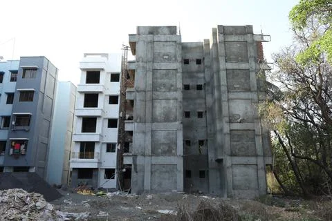A ground level view of an under construction building Stock Photos