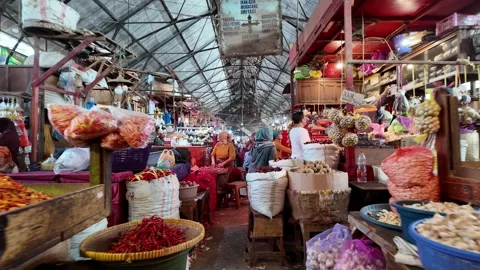 Ground Level View Of Vendors Selling Onions At Pasar Pabean Stock Footage 345145323
