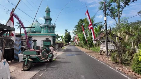 Ground Level Village Street Lined With Indonesian Flags Stock Footage 345196696