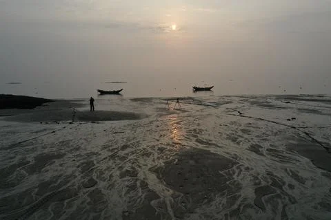 Ground-Level Xiamen Tidal Flat at Sunrise Stock Photos