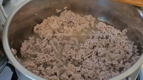 Ground Meat Cooking in Pot, Close-Up Browning Process Stock Footage 336866928