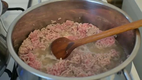 Ground Meat Cooking in Pot, Close-Up Browning Process Stock Footage 336866931