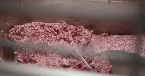 Ground meat turns inside a large steel mixer, Food Factory Stock Footage 340041653