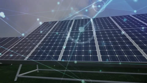 Ground-mounted solar array tilting upward under clouds, glowing network lines Stock Footage 307857861