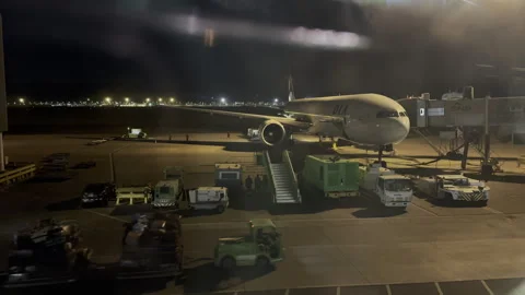 Ground Operations Underway on Tarmac Next to Commercial Jet at Night Vídeo Stock 321252182