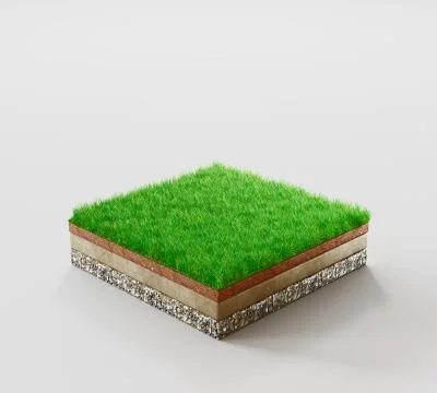 Ground or soil layers. Perspective empty space of green grass square isolated on Illustrazione stock