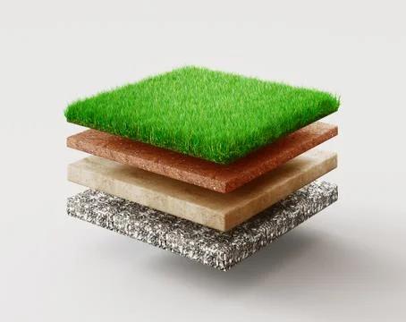 Ground or soil layers. Perspective empty space of green grass square isolated on Stock Illustration