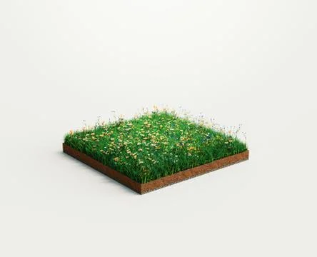 Ground or soil layers. Perspective empty space of green grass and flowers square Illustration