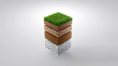 Ground or soil layers. Perspective empty space of green grass square isolated on Illustrazione stock