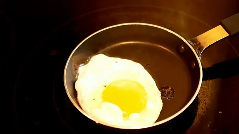 Ground pepper is added to a fresh egg frying in a hot fry pan as steam rises. Stock Footage 103398844